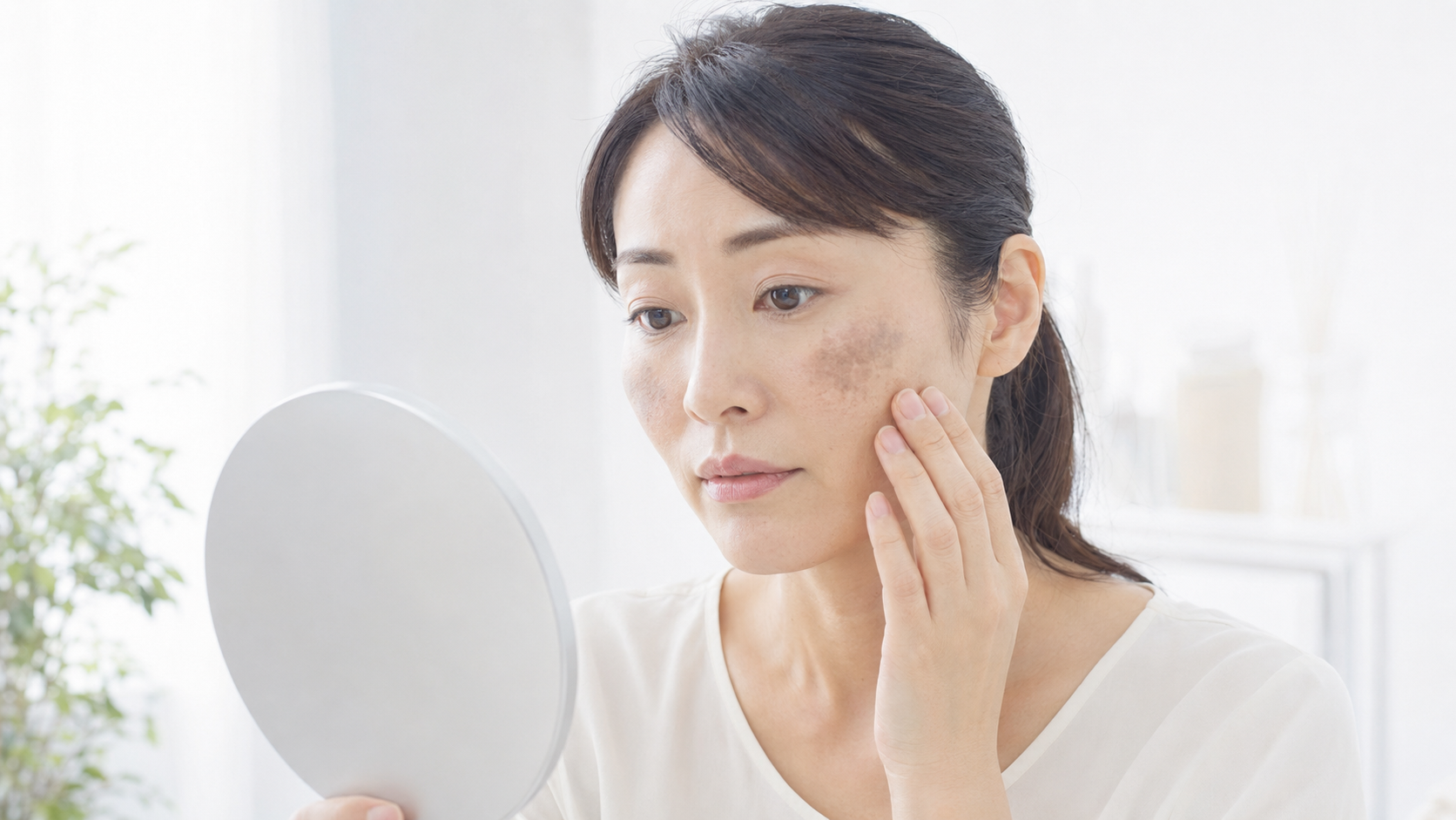 頬の色素斑を気にする女性